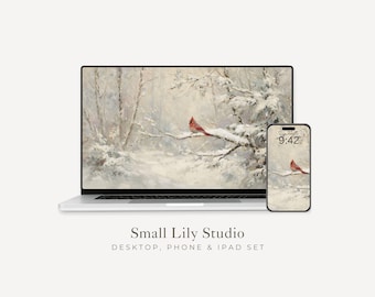 Red Cardinal Desktop Wallpaper Set, Christmas Phone Wallpaper, Winter iPhone Wallpaper, Aesthetic iPad Background Vintage Style | WS157