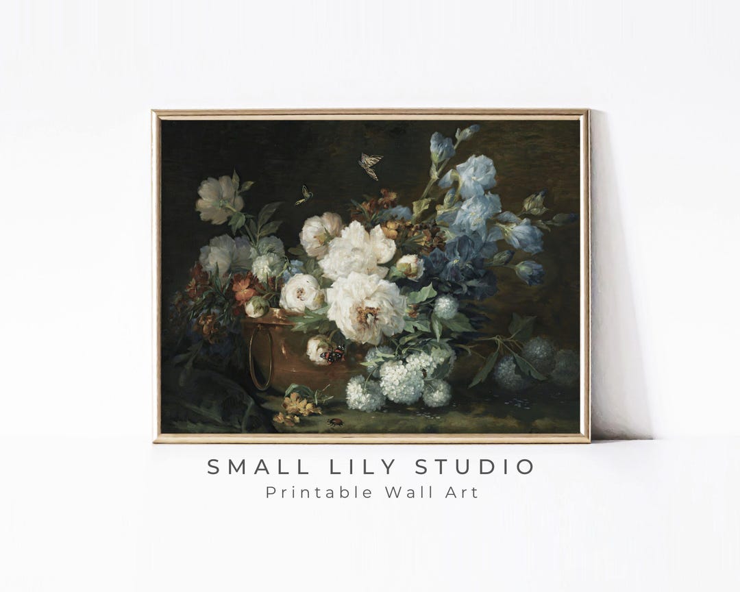 PRINTABLE Moody Blue Floral Wall Art, Vintage Painting Still Life ...