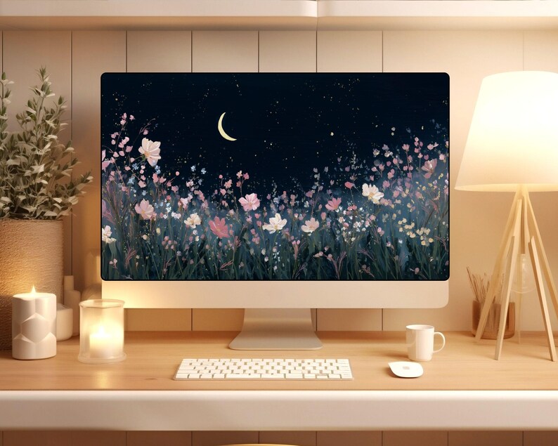 May include: A desktop computer displays a digital art scene of a night sky with a crescent moon and a field of flowers in pink, white, and green. The computer sits on a wooden desk with a keyboard, mouse, and a white mug.