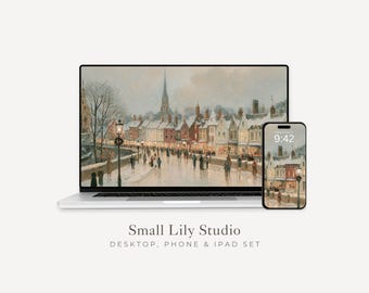 Festive Winter Town Desktop Wallpaper Set, Christmas Phone Wallpaper, iPhone Wallpaper, iPad Background Vintage Style Painting | WS305
