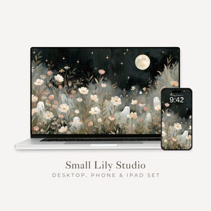 Ghosts in Flowers Desktop Wallpaper Set, Cute Halloween Phone Wallpaper, Night Garden iPhone Wallpaper, Aesthetic iPad Background | WS252