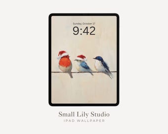 Oiseaux en chapeau de père Noël pour iPad, fond d'écran Noël pour iPad, papier peint pour tablette amateur d'oiseaux, tableau de style vintage | WT141