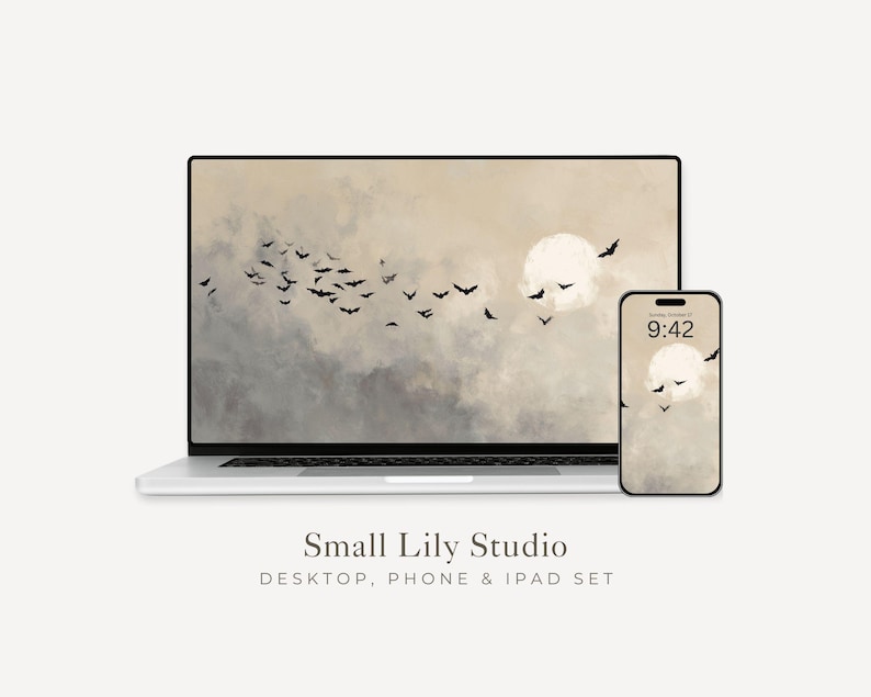 May include: A laptop and smartphone display a matching digital wallpaper featuring a moon, bats, and clouds. The laptop screen shows a flock of bats flying across a cloudy sky. The smartphone displays the time 9:42. The text "Small Lily Studio" is below.