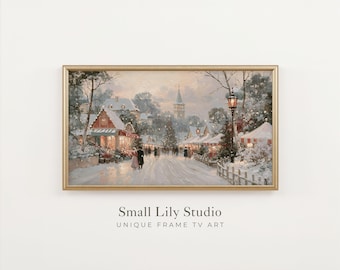 FRAME TV Art Christmas Markets, Samsung Frame TV Art Festive Winter Town, Pink Vintage Style Seasonal Painting | TV1443