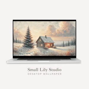 Bureaubladbehang kersthuisje, Macbook-behang wintercabine, feestelijke laptopachtergrond, landschapsschilderkunst in vintage-stijl | WD099
