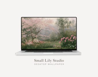 Pink Blossom Tree Desktop Wallpaper, Floral Macbook Wallpaper, Spring Laptop Background, Vintage Style Flower Garden Painting | WD267