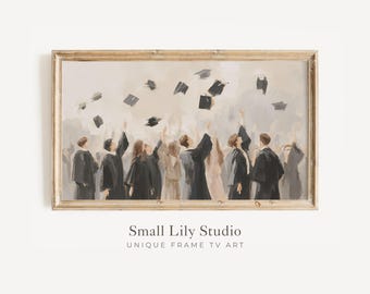 FRAME TV Art Graduates Throwing Caps,  Samsung Frame TV Art Graduation Ceremony Hats, Neutral Vintage Style Watercolor Painting | TV1234