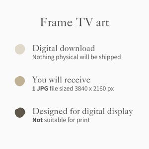 Puede incluir: Gr&aacute;fico de descarga digital para arte de TV con marco. La imagen incluye texto que dice "Descarga digital", "Recibir&aacute;s 1 archivo JPG de 3840 x 2160 px" y "Dise&ntilde;ado para visualizaci&oacute;n digital". El fondo es de color beige claro.