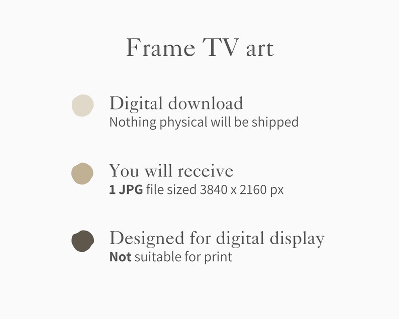 Puede incluir: Gr&aacute;fico de descarga digital para arte de TV con marco. La imagen incluye texto que dice "Descarga digital", "Recibir&aacute;s 1 archivo JPG de 3840 x 2160 px" y "Dise&ntilde;ado para visualizaci&oacute;n digital". El fondo es de color beige claro.