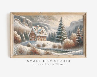 FRAME TV art Gingerbread House in Forest, Cute Christmas Frame tv art for kids, Samsung Frame tv art Christmas candy cabin painting | TV158