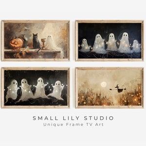 Halloween FRAME TV art BUNDLE, Vintage style Black Cat Pumpkin Ghost painting, Samsung Frame tv art Witch, Fun spooky tv art set | TV400