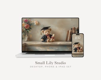 Graduation Teddy Bear Desktop Wallpaper Set, Cute Academic Phone Wallpaper, Aesthetic iPhone Wallpaper, iPad Background | WS216