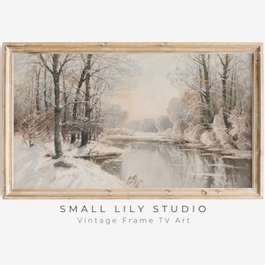 Samsung FRAME TV art Winter Stream, Winter Frame tv art neutral, Vintage painting snow landscape, Winter trees tv art download | TV95