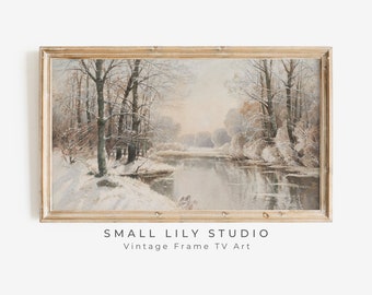 Samsung FRAME TV art Winter Stream, Winter Frame tv art neutral, Vintage painting snow landscape, Winter trees tv art download | TV95