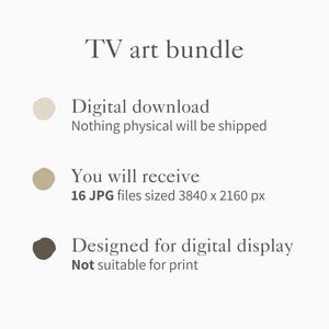 May include: Digital art bundle for TV display. The image shows the text "TV art bundle" and information about the digital download, including 16 JPG files sized 3840 x 2160 px. Designed for digital display, not suitable for print.
