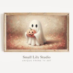 Arte de Halloween para TV FRAME: Fantasma segurando abóbora, decoração neutra para TV Samsung Frame, arte divertida e assustadoramente fofa para TV de Halloween | TV431