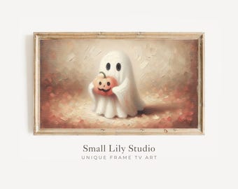 Halloween FRAME TV art Ghost Holding Pumpkin, Neutral Halloween Samsung Frame tv art ghost, Fun spooky cute Halloween TV artwork | TV431