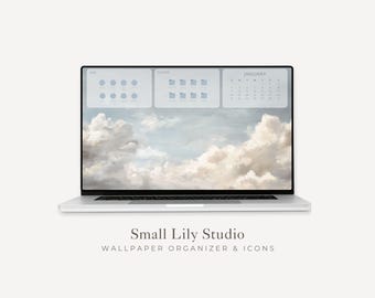 2026-2027 Cloudy Sky Desktop Wallpaper Organizer, Laptop Background and Folder Icons Set, Digital Monthly Calendar Windows Mac | WO006