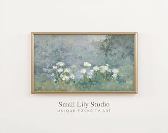 FRAME TV art Abstract Flowers by Pond, Samsung Frame tv art vintage style textured painting, Impressionist tv art blue green white | TV809