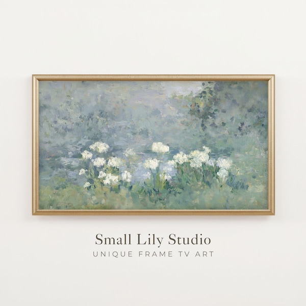 FRAME TV art Abstract Flowers by Pond, Samsung Frame tv art vintage style textured painting, Impressionist tv art blue green white | TV809