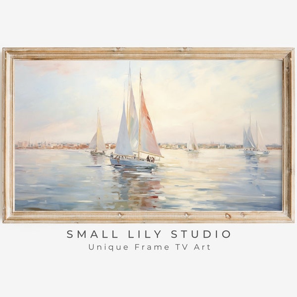 Summer FRAME TV art Sailboats, Samsung Frame tv art nautical, Neutral coastal TV art boats sailing in ocean, Vintage style tv art  | TV319