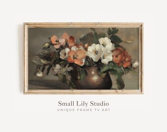 FRAME TV art Moody Fall Flowers, Dark Floral Samsung Frame TV art, Vintage style farmhouse painting orange and white | TV133