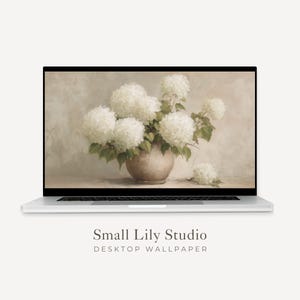 Hydrangeas Desktop Wallpaper, White Flowers Macbook Wallpaper, Floral Laptop Background, Vintage Style Painting | WD096