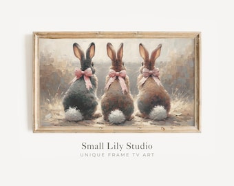 FRAME TV art Bunnies with Pink Bows, Easter rabbit tv art neutral, Cute rabbit for kids Samsung Frame tv art vintage style | TV281