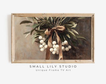 Christmas FRAME TV art Mistletoe with Brown Bow, Samsung Frame tv art vintage style still life painting, Neutral organic sage green | TV547