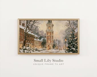 FRAME TV Art Clocktower in Winter Landscape, Festive Samsung Frame TV Art, Vintage Style Painting | TV1478
