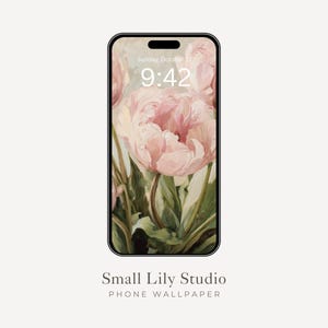 May include: A smartphone displays a floral phone wallpaper featuring a soft pink peony painting with green leaves. The time is 9:42 AM on Sunday, October 17. The phone is set against a cream-colored background. The text "Small Lily Studio PHONE WALLPAPER" is at the bottom.