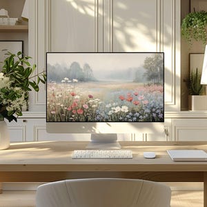 May include: A modern computer monitor displays a landscape painting of a field of wildflowers in pink, red, and white. The monitor, keyboard, and mouse sit on a light wood desk. A white vase with flowers is on the left.