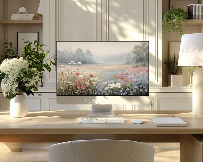 May include: A modern computer monitor displays a landscape painting of a field of wildflowers in pink, red, and white. The monitor, keyboard, and mouse sit on a light wood desk. A white vase with flowers is on the left.