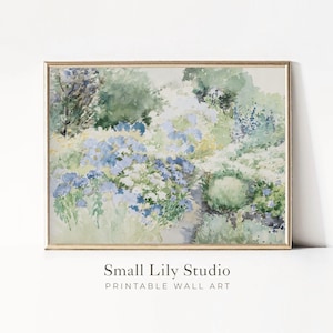 Cottage Garten Dekoration, Wildblumen Natur blau grüner Druck, Vintage Aquarell Blumen, Wildblumen Bild, Frühlingsbdruck | P047