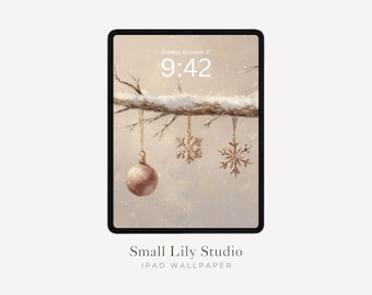 Christmas Ornaments iPad Wallpaper, Winter Holidays iPad Background, Cute Tablet Wallpaper, Vintage Style Painting | WT125