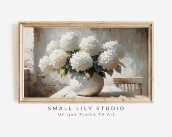 FRAME TV art White Hydrangeas still life, Spring Samsung Frame tv art rustic farmhouse, Neutral floral tv artwork cottage decor | TV279