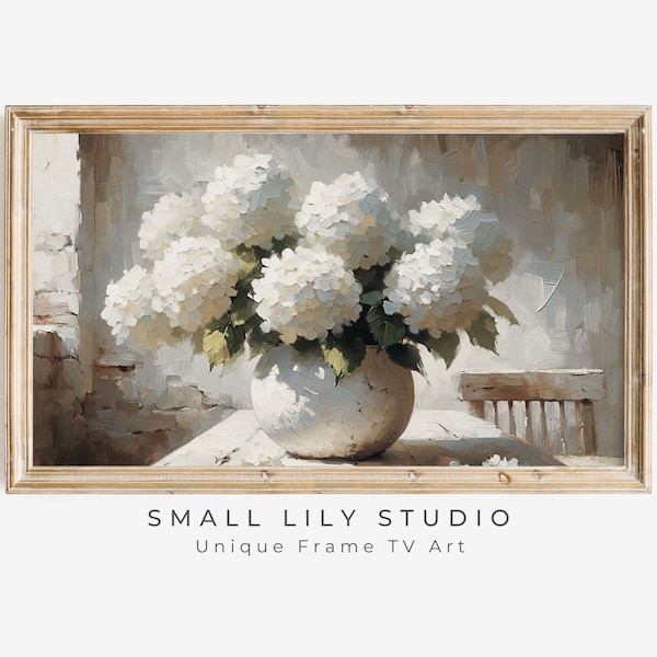 FRAME TV art White Hydrangeas still life, Spring Samsung Frame tv art rustic farmhouse, Neutral floral tv artwork cottage decor | TV279