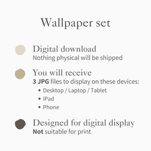 May include: A digital wallpaper set with text on a light beige background. The text includes "Wallpaper set", "Digital download", and details about the 3 JPG files for display on various devices. The design is intended for digital display.