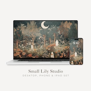 Ghosts & Moon Desktop Wallpaper Set, Halloween Phone Wallpaper, Spooky Forest iPhone Wallpaper, Vintage Style iPad Background | WS076