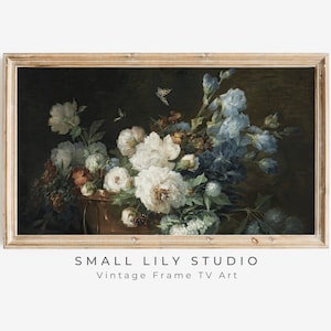 FRAME TV art Moody flowers blue, Moody floral tv background, Samsung Frame tv art vintage flower still life farmhouse painting dark | TV69