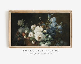 FRAME TV art Moody flowers blue, Moody floral tv background, Samsung Frame tv art vintage flower still life farmhouse painting dark | TV69