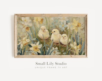 FRAME TV Art Easter Chicks in Daffodils, Floral Spring Samsung Frame TV Art, Vintage Style Painting | TV1195
