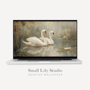 White Swans Desktop Wallpaper, Romantic Macbook Wallpaper, Neutral Valentine's Day Laptop Background, Vintage Style Painting | WD173