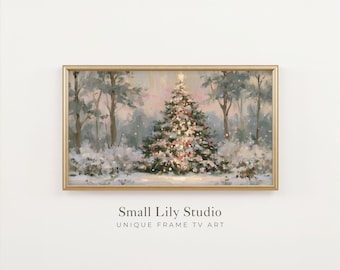 FRAME TV Art Pink Christmas Tree in Winter Landscape, Aesthetic Seasonal Samsung Frame TV Art, Festive Holiday Season Painting | TV1455