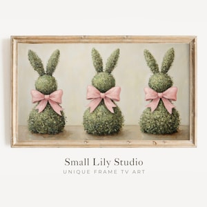Easter FRAME TV art Topiary Bunnies with Pink Bows, Cute Spring TV art, Samsung Frame tv art screensaver for kids vintage style | TV667