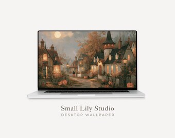 Halloween Town Desktop Wallpaper, Spooky Macbook Wallpaper, Fall Laptop Background, Cute Whimsical Artwork | WD269