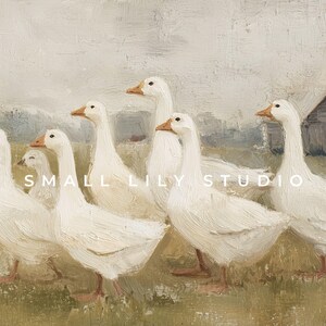 May include: An oil painting depicts a flock of white geese with orange beaks and feet, set against a muted landscape. A small barn is visible in the background. The words "SMALL LILY STUDIO" are printed on the image.