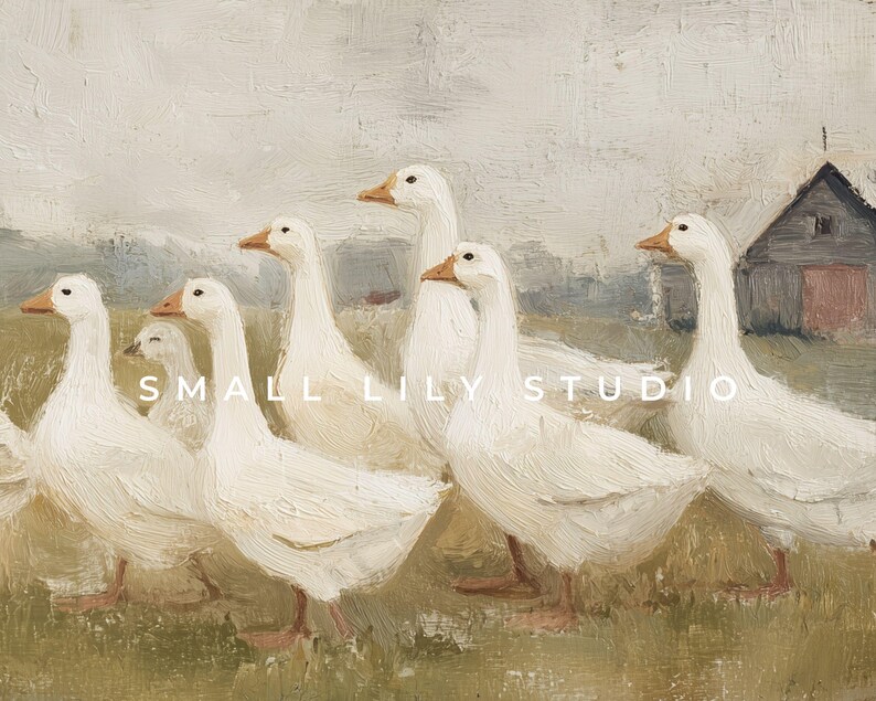 May include: An oil painting depicts a flock of white geese with orange beaks and feet, set against a muted landscape. A small barn is visible in the background. The words "SMALL LILY STUDIO" are printed on the image.