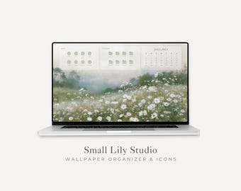 2026-2027 White Flowers Desktop Wallpaper Organizer, Macbook Wallpaper with Calendar and Icons, Aesthetic Laptop Background Mac PC | WO020
