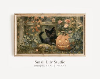 FRAME TV Art Black Cat and Pumpkin in Garden, Samsung Frame TV Art Halloween, Cute Whimsical Vintage Style Painting | TV1364